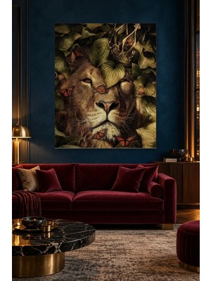 Fida Taçlı Aslan ve Monark Kelebekler Canvas Tablo