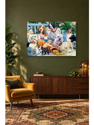 Fida Mavi Bankta Köpek Yavruları Şenliği Canvas Tablo
