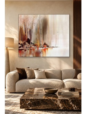 Fida Krem Fonda Kızıl Kahve Ağaçlar ve Göl Yansıması Canvas Tablo