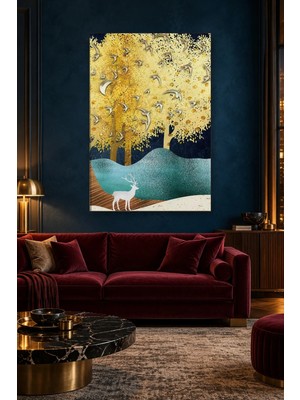 Fida Altın Ağaçlar ve Beyaz Zeminde Duran Geyik Canvas Tablo