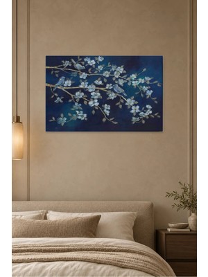 Fida Lacivert Zeminde Çiçekli Dal ve Mavi Kuşlar Canvas Tablo