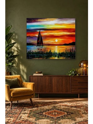 Fida Kızıl Gün Batımında Yelkenli ve Sazlıklar Canvas Tablo