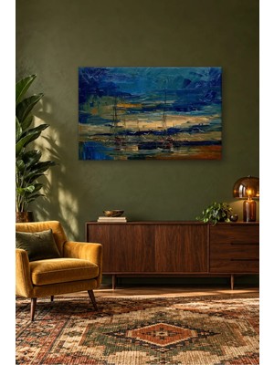 Fida Lacivert Akşamda Limandaki Yelkenliler Spatula Canvas Tablo