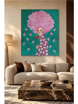 Fida Pembe Bulut Saçlı Kız ve Düşen Yapraklar Canvas Tablo