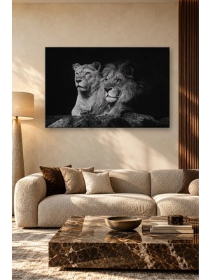 Fida Kaya Üstünde Dişi ve Erkek Aslan Canvas Tablo