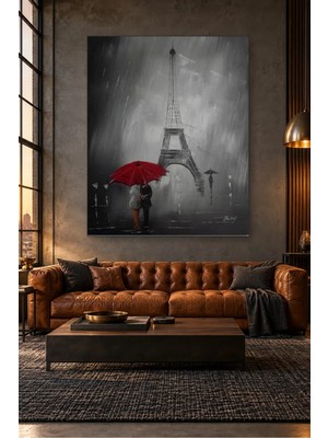 Fida Yağmurlu Paris'te Kırmızı Şemsiyeli Çift Canvas Tablo