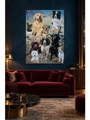 Fida Taş Duvarda Toplanmış Köpek Dostlar Canvas Tablo