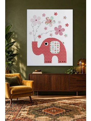 Fida Hortumundan Çiçek Saçan Pembe Puantiyeli Fil Canvas Tablo