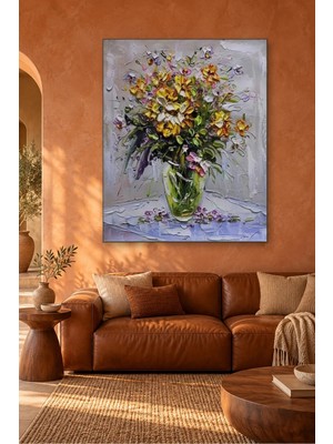 Fida Lila Fonda Cam Vazoda Kabartma Çiçekler Canvas Tablo