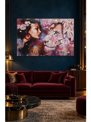 Fida Çiçekli Kadın ve Pembe Aslan Yüz Yüze Canvas Tablo