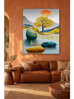 Fida Altın Ağaç ve Yeşil Taşlarda Geyikler Canvas Tablo