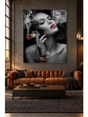 Fida Siyah Beyaz Dolar Purolu Kırmızı Dudaklı Kadın Canvas Tablo
