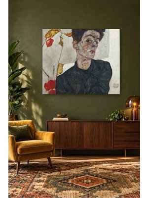 Fida Egon Schiele Fener Çiçekli Otoportre Canvas Tablo