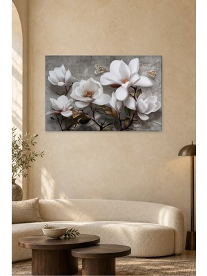 Fida Gri Zeminde Beyaz Manolyalar ve Kelebekler Canvas Tablo