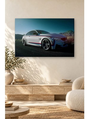 Fida M Şeritli Beyaz Bmw M4 Turkuaz Gökyüzü Canvas Tablo