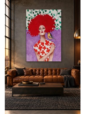Fida Kızıl Afro Saçlı Kadın ve Sarı Kuş Canvas Tablo