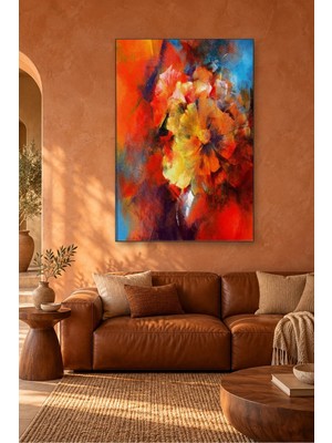 Fida Kırmızı Turuncu Soyut Çiçek Buketi Canvas Tablo