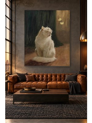 Fida Kelebeklere Bakan Beyaz Kedi Canvas Tablo