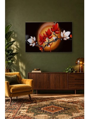 Fida Turuncu Ay Önünde Kırmızı ve Beyaz Manolyalar Canvas Tablo
