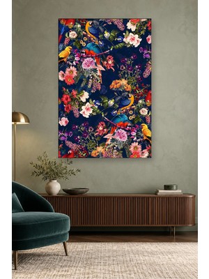 Fida Lacivert Zeminde Papağanlar ve Çiçekler Canvas Tablo