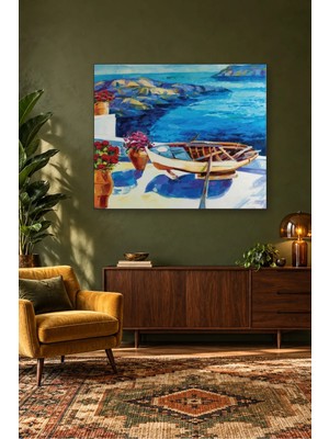 Fida Mavi Koyda Kayık ve Kırmızı Çiçekli Saksılar Canvas Tablo