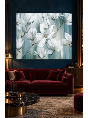 Fida Mavi Gri Fonda Beyaz Manolya Dalları Canvas Tablo