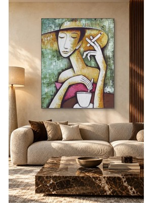 Fida Şapkalı Sigara Içen Kadın ve Kahve Fincanı Canvas Tablo