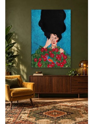 Fida Gözünü Eliyle Kapatan Kız ve Kırmızı Güller Canvas Tablo