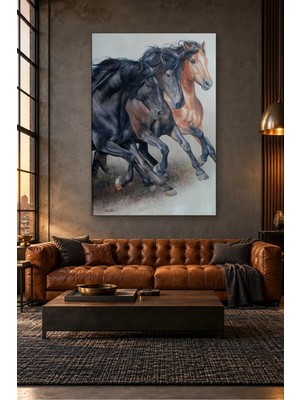 Fida Birlikte Koşan Siyah ve Doru Üç At Canvas Tablo