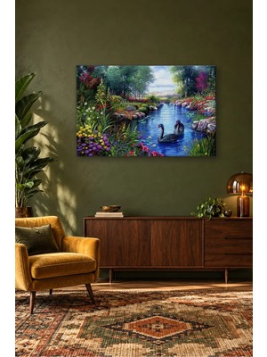 Fida Çiçekli Bahçe Göletinde Siyah Kuğular Canvas Tablo