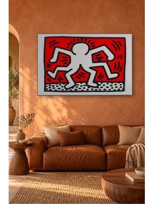 Fida Keith Haring Kırmızı Fonda Dans Eden Figür Canvas Tablo