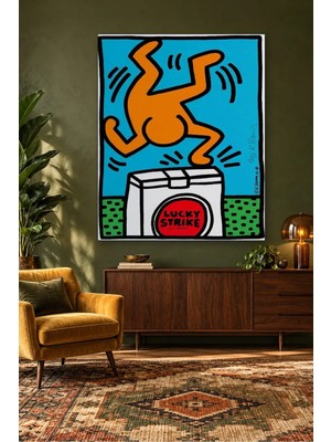 Fida Keith Haring Paket Üzerinde Amuda Kalkan Turuncu Figür Canvas Tablo