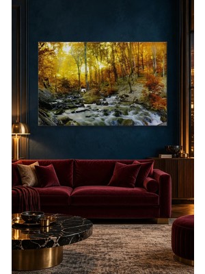 Fida Güneşli Sonbahar Ormanında Akan Dere Canvas Tablo