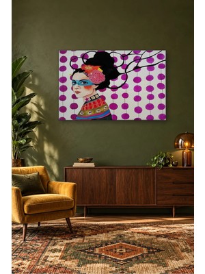 Fida Mor Damla Perdeli Fonda Maskeli Kadın Canvas Tablo