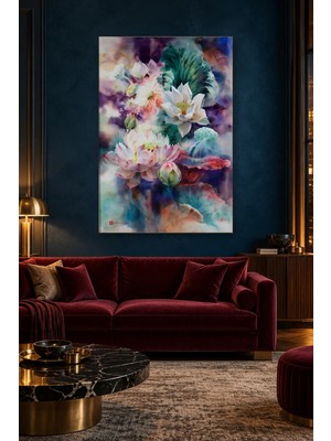 Fida Suluboya Pembe Beyaz Lotus Çiçekleri Canvas Tablo