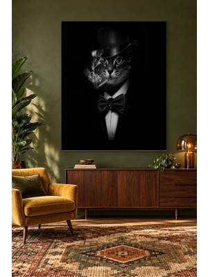 Fida Silindir Şapkalı Puro Içen Papyonlu Kedi Canvas Tablo