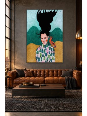 Fida Yeşil Tepeler Önünde Ağaç Desenli Bluzlu Kadın Canvas Tablo