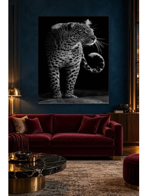 Fida Siyah Fonda Arkasına Bakan Leopar Canvas Tablo