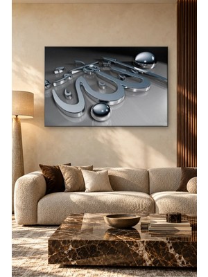 Fida Gümüş Metalik Allah Yazısı ve Krom Küreler Canvas Tablo