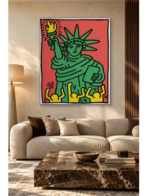 Fida Keith Haring Kırmızı Fonda Yeşil Özgürlük Heykeli Canvas Tablo