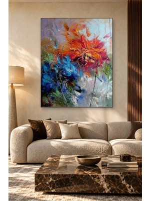 Fida Mavi Yapraklar Arasında Turuncu Çiçek Canvas Tablo