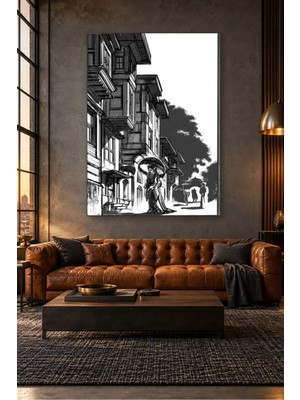 Fida Siyah Beyaz Cumbalı Evler ve Şemsiyeli Kadın Canvas Tablo