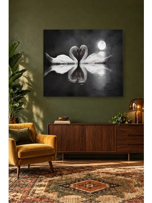 Fida Dolunay Altında Kalp Oluşturan Kuğular Canvas Tablo