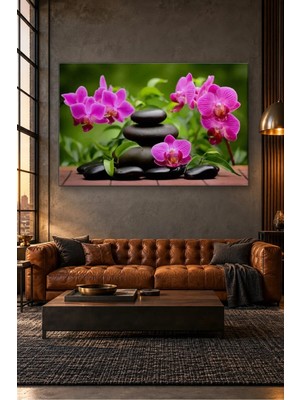 Fida Siyah Spa Taşları ve Pembe Orkideler Canvas Tablo