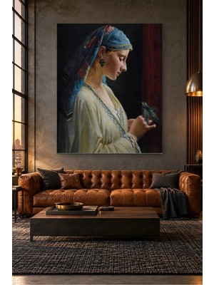 Fida Mavi Başörtülü Kız ve Elindeki Papağan Canvas Tablo