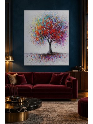 Fida Gri Zeminde Rengârenk Noktalı Ağaç Canvas Tablo