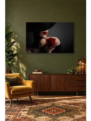 Fida Siyah Şapkalı Kırmızı Güllü Kadın Canvas Tablo