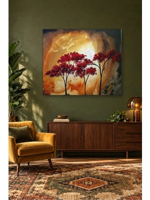 Fida Altın Işıkta Kırmızı Yapraklı Ağaçlar Canvas Tablo