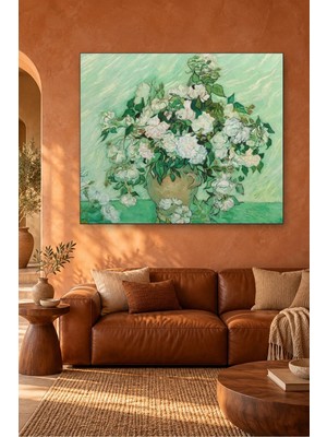 Fida Van Gogh Yeşil Fonda Beyaz Güller Canvas Tablo