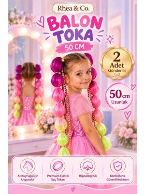 Rhea & Co. Mor-Pembe-Sarı Örgülü Balon Saç – 50 cm Çocuk Saç Tokası | 2’li Set